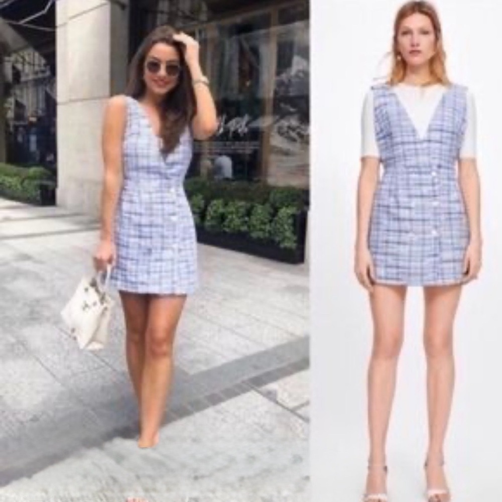 Zara Blue & White plaid Tweed Pinafore Dress
